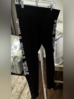 PINK Victoria's Secret Black, White and Burgundy Logo Leggings with sheer bottom